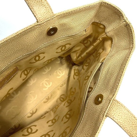 Authentic CHANEL CC Mark CC Bag Tote Bag Caviar Leather Beige - Picture 11 of 15